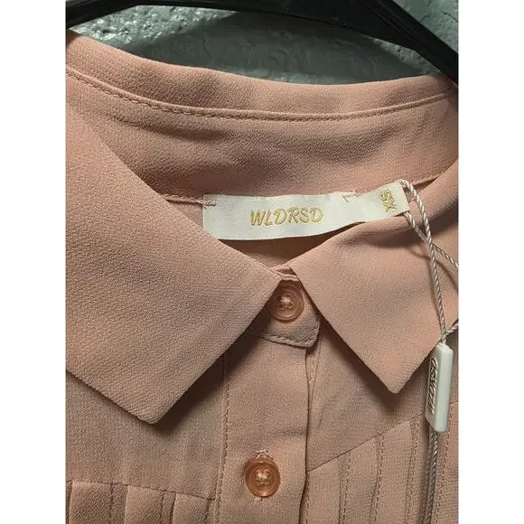 WLDRSD Pink Pleated Chiffon Midi Dress XS NWT Sheer Pastel Button Up - Picture 2 of 7